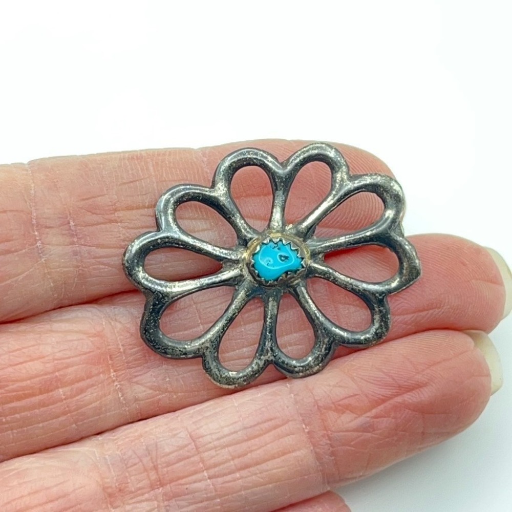 Vintage Navajo Sterling Silver Flower Brooch Signed R Wilson Turquoise Center